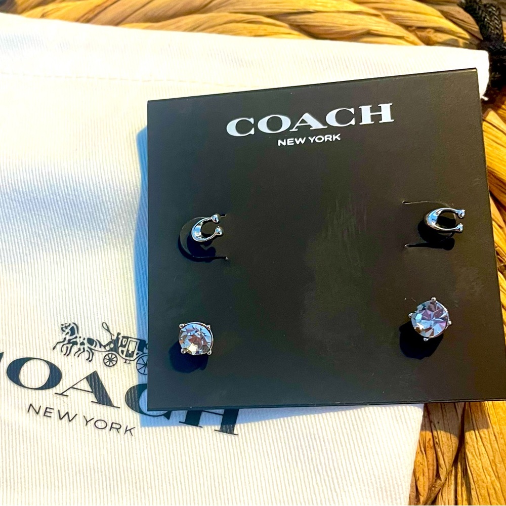 COACH Signature C and Stone Silver Stud Earrings Set Brand New NWT